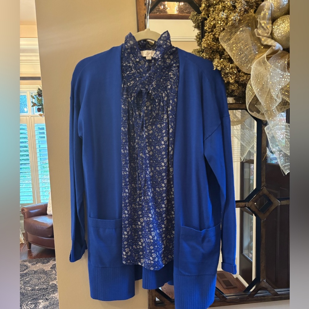 LOFT Royal Blue Cardigan Sweater and floral Blouse